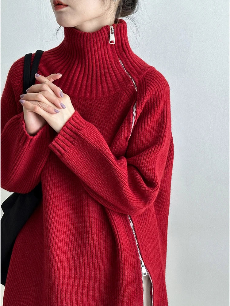 Ladies Pullover Vest with Zip - Clara-Red-One Size-Nora Luxe