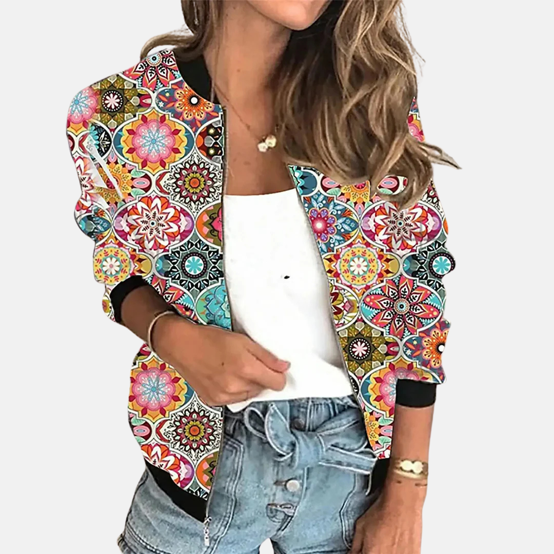 Ladies Retro Bomber Jacket with Print – Zoë-B-XS-Nora Luxe