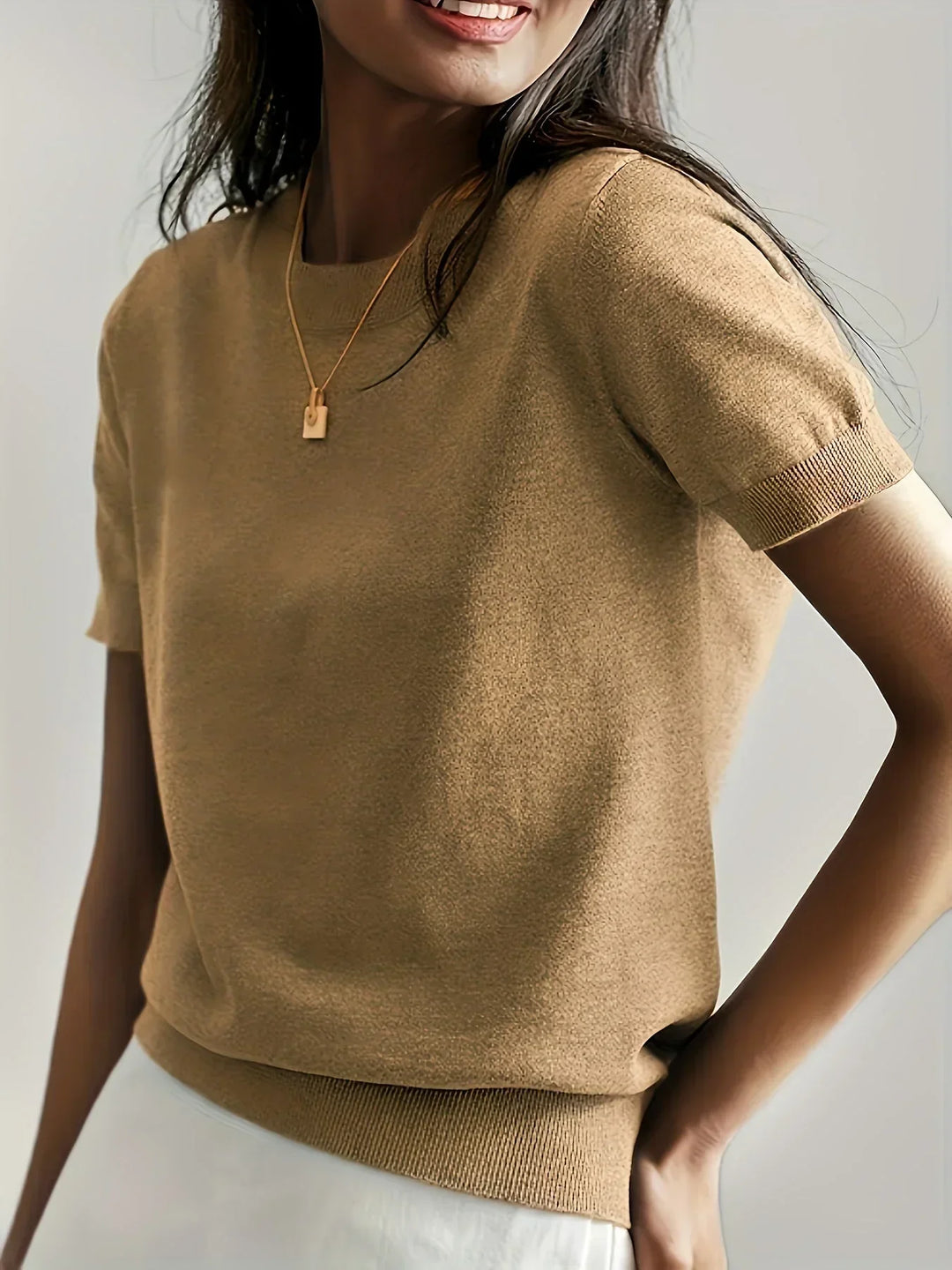 Ladies Short Sleeve Spring Sweater – Mila-Beige-XS-Nora Luxe