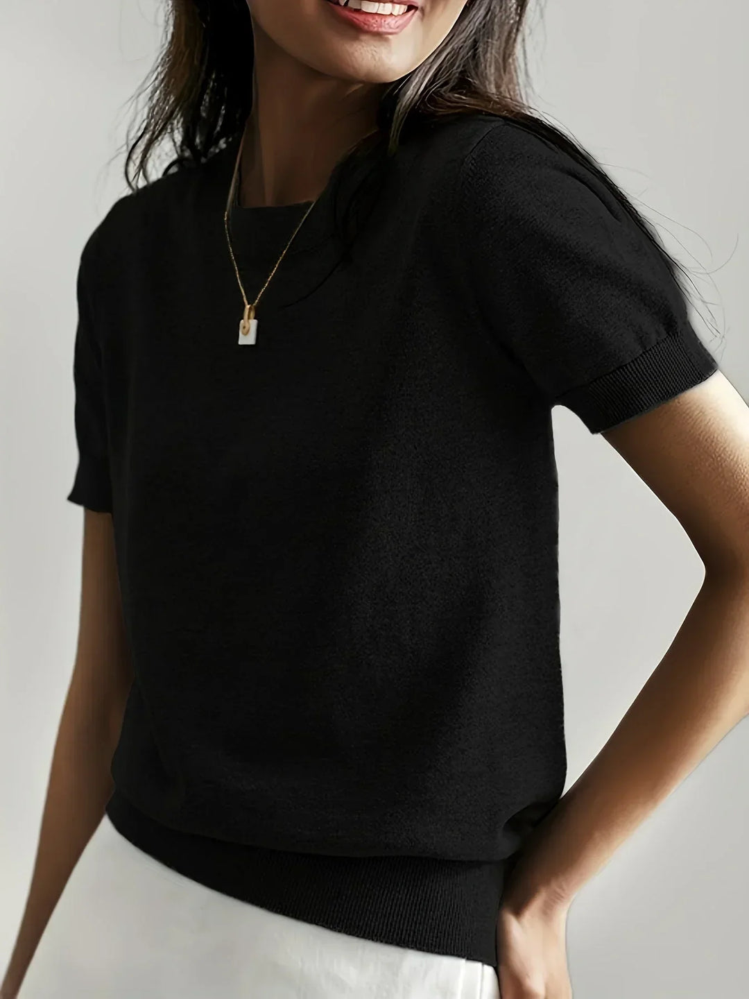 Ladies Short Sleeve Spring Sweater – Mila-Black-XS-Nora Luxe