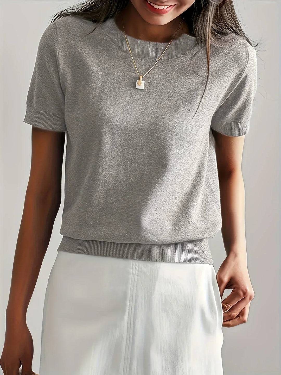 Ladies Short Sleeve Spring Sweater – Mila-Gray-XS-Nora Luxe