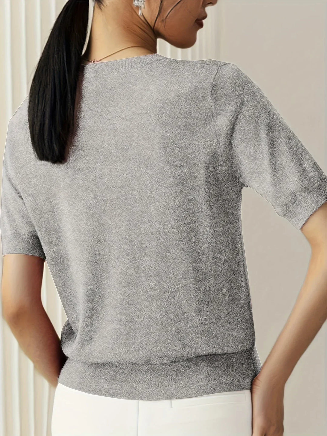 Ladies Short Sleeve Spring Sweater – Mila-Gray-XS-Nora Luxe