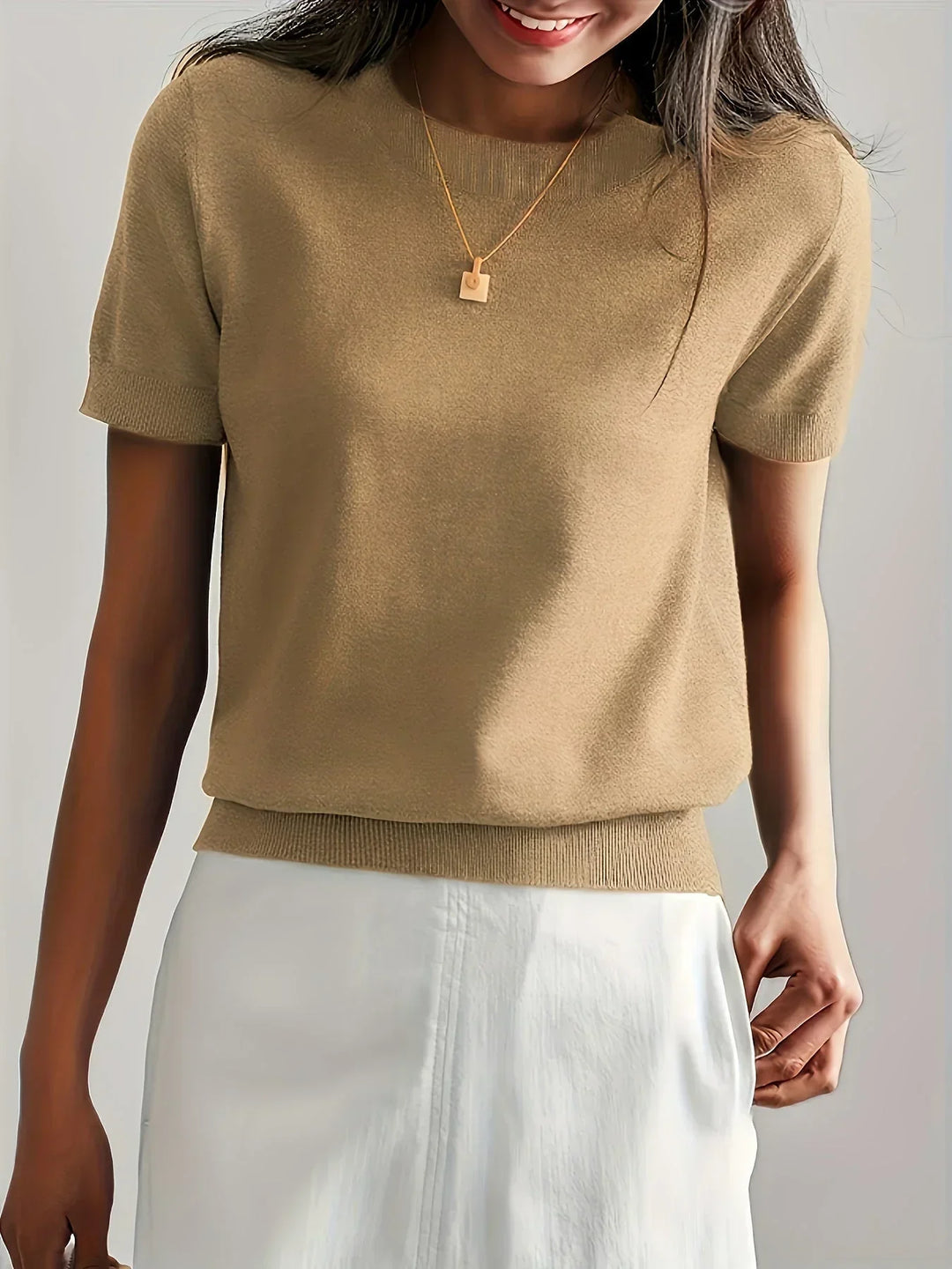 Ladies Short Sleeve Spring Sweater – Mila-Gray-XS-Nora Luxe