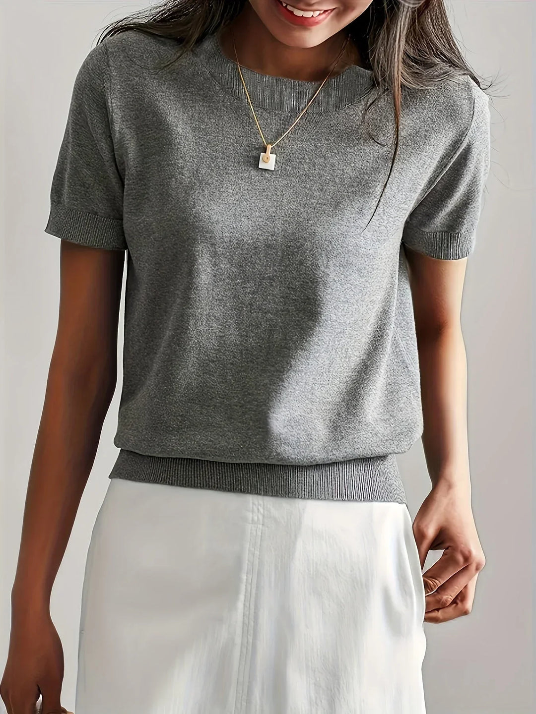 Ladies Short Sleeve Spring Sweater – Mila-Gray-XS-Nora Luxe