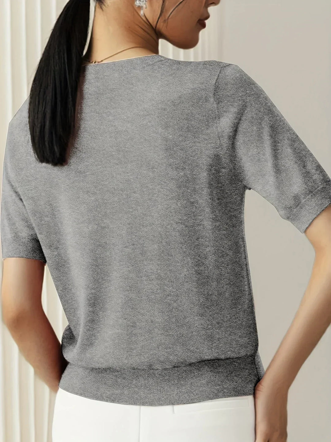 Ladies Short Sleeve Spring Sweater – Mila-Gray-XS-Nora Luxe