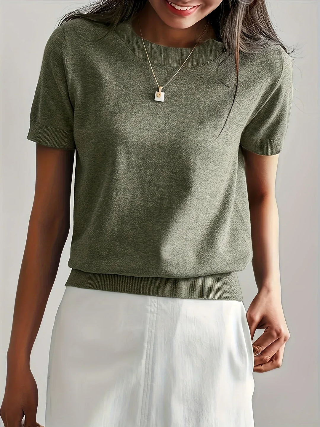 Ladies Short Sleeve Spring Sweater – Mila-Gray-XS-Nora Luxe