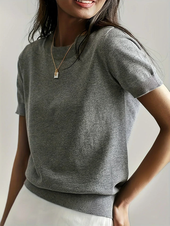 Ladies Short Sleeve Spring Sweater – Mila-Gray-XS-Nora Luxe