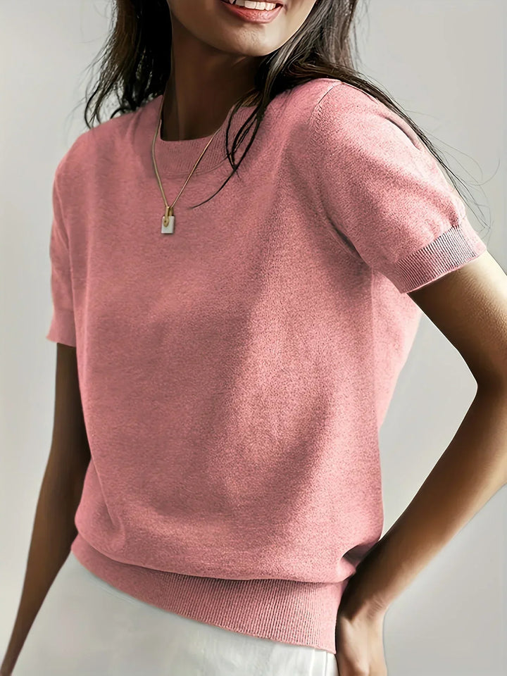 Ladies Short Sleeve Spring Sweater – Mila-Pink-XS-Nora Luxe