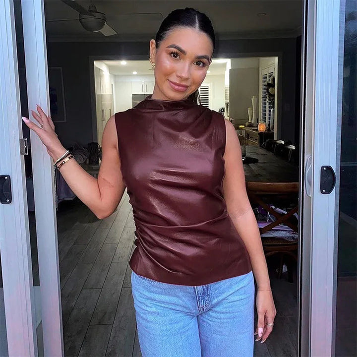 Ladies' sleeveless leather top in burgundy with a fitted silhouette – Nila-Bordeaux red-XS-Nora Luxe