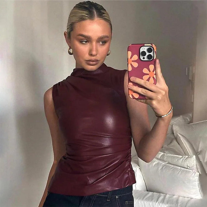 Ladies' sleeveless leather top in burgundy with a fitted silhouette – Nila-Bordeaux red-XS-Nora Luxe