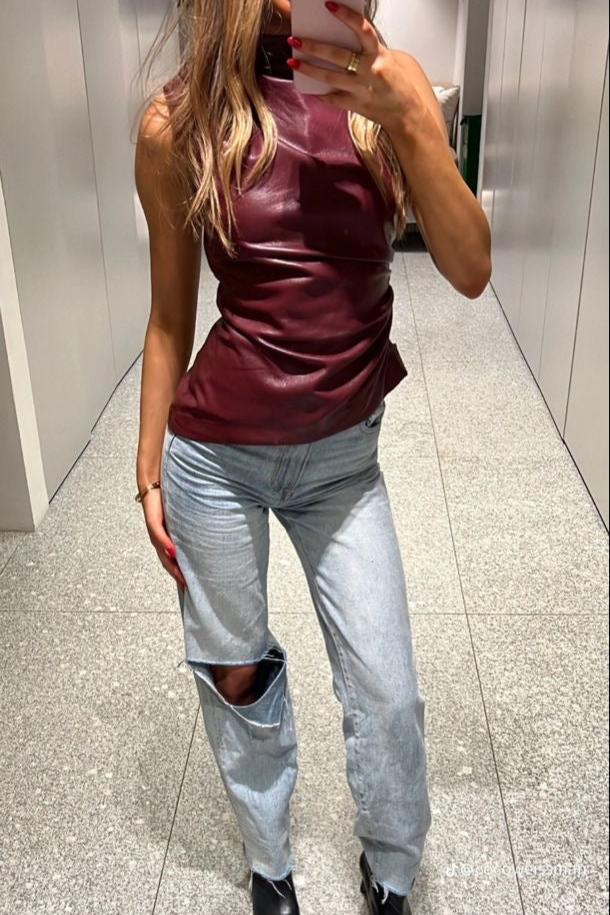 Ladies' sleeveless leather top in burgundy with a fitted silhouette – Nila-Bordeaux red-XS-Nora Luxe