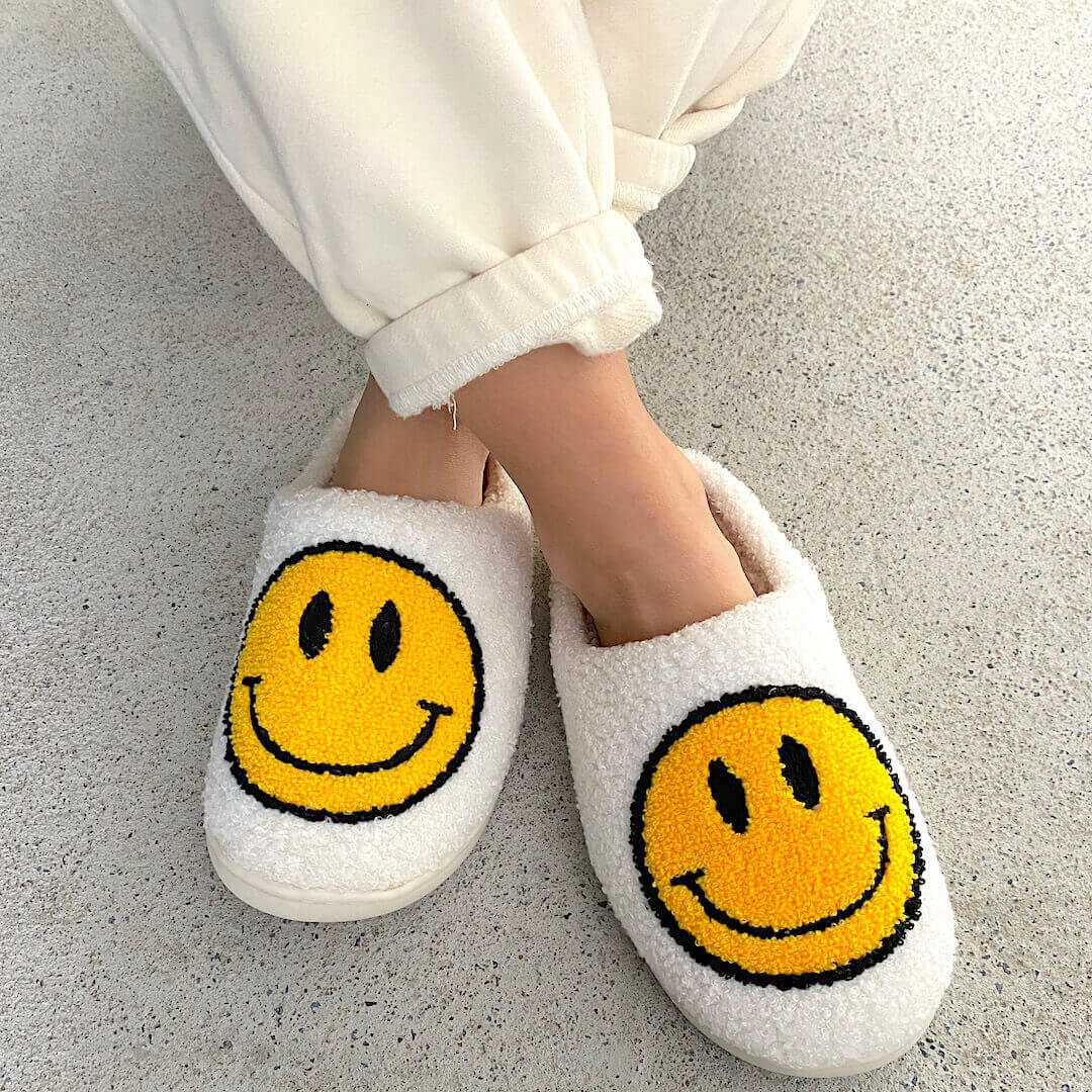 Ladies Slippers - CheerUp-White with Yellow Smiley-3.0 - 4.0-Nora Luxe