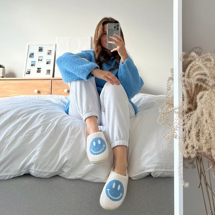 Ladies Slippers - CheerUp-White with Yellow Smiley-3.0 - 4.0-Nora Luxe