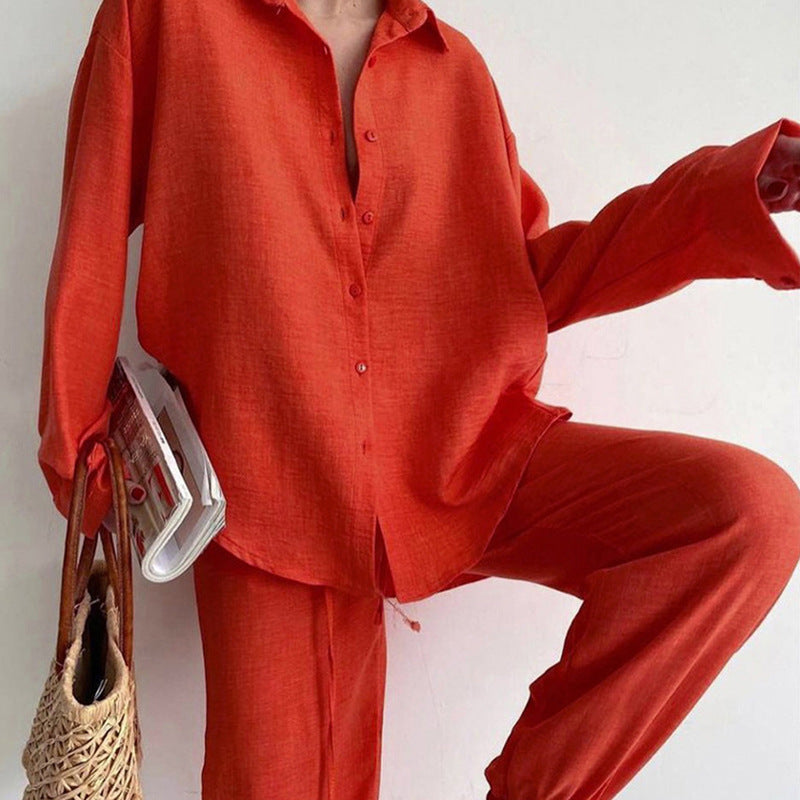 Ladies Somersets with Light Blouse and Wide Trousers - Noa-Orange-S-State of Style