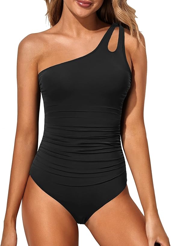Ladies' swimsuit with one-shoulder design and tummy control – Valeria-Black-S-Nora Luxe