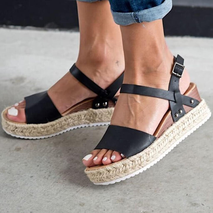 Ladies' wedge espadrille sandals with strap - Livia-Black-3-Nora Luxe