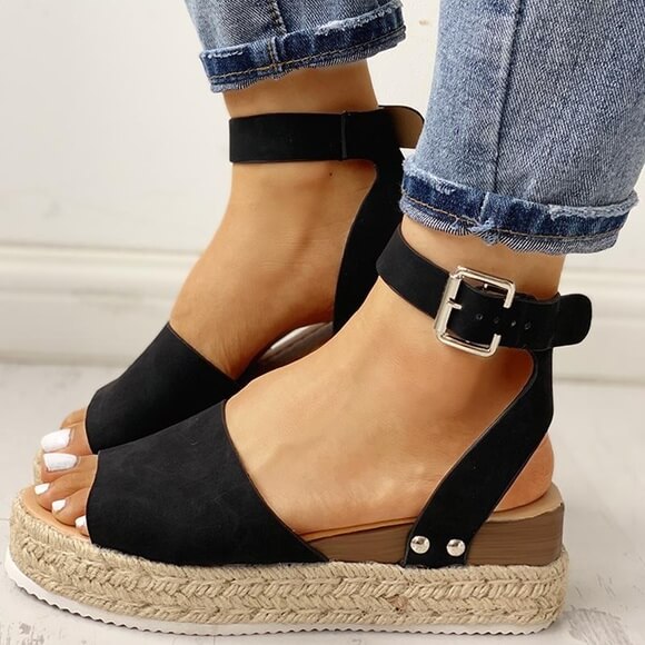 Ladies' wedge espadrille sandals with strap - Livia-Black-3-Nora Luxe