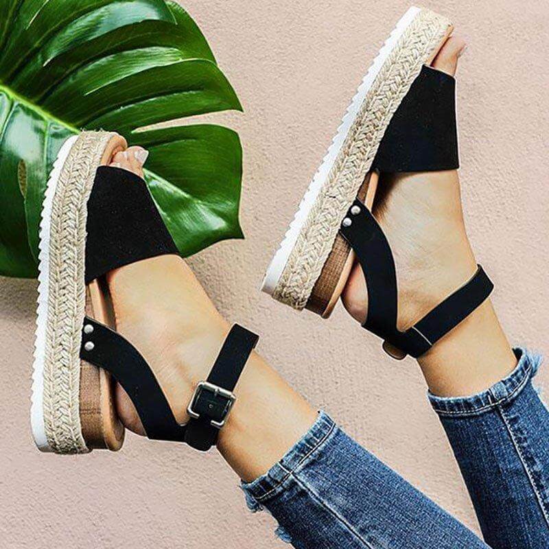 Ladies' wedge espadrille sandals with strap - Livia-Black-3-Nora Luxe