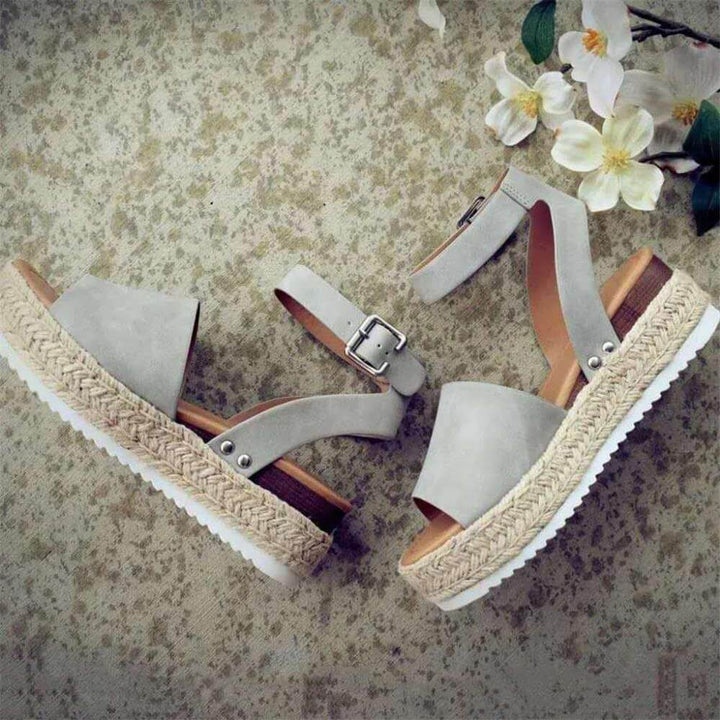 Ladies' wedge espadrille sandals with strap - Livia-Grey-3-Nora Luxe