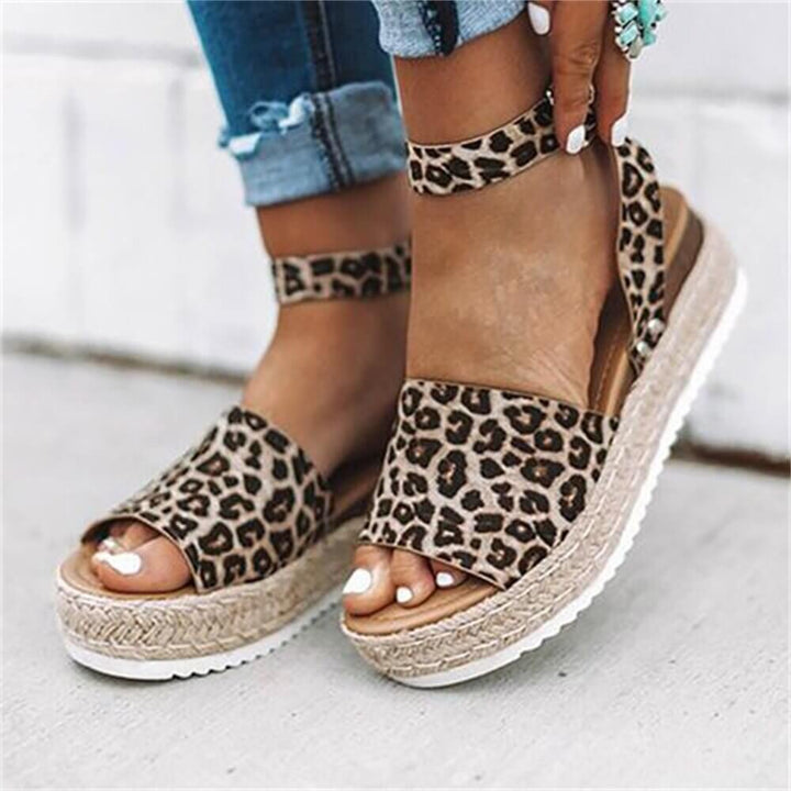 Ladies' wedge espadrille sandals with strap - Livia-Leopard print-3-Nora Luxe