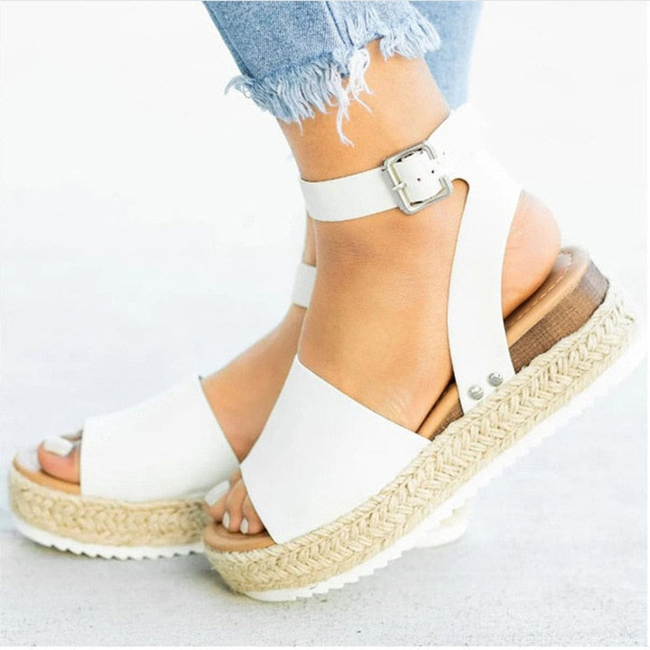 Ladies' wedge espadrille sandals with strap - Livia-White-3-Nora Luxe