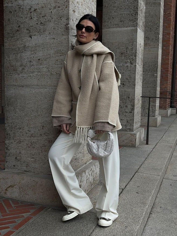 Ladies' Winter Coat with Scarf - Celeste-Beige-S-Nora Luxe