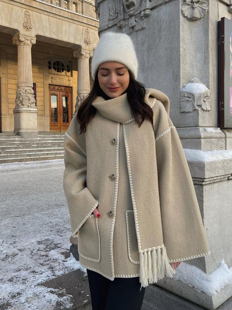 Ladies' Winter Coat with Scarf - Celeste-Beige-S-Nora Luxe
