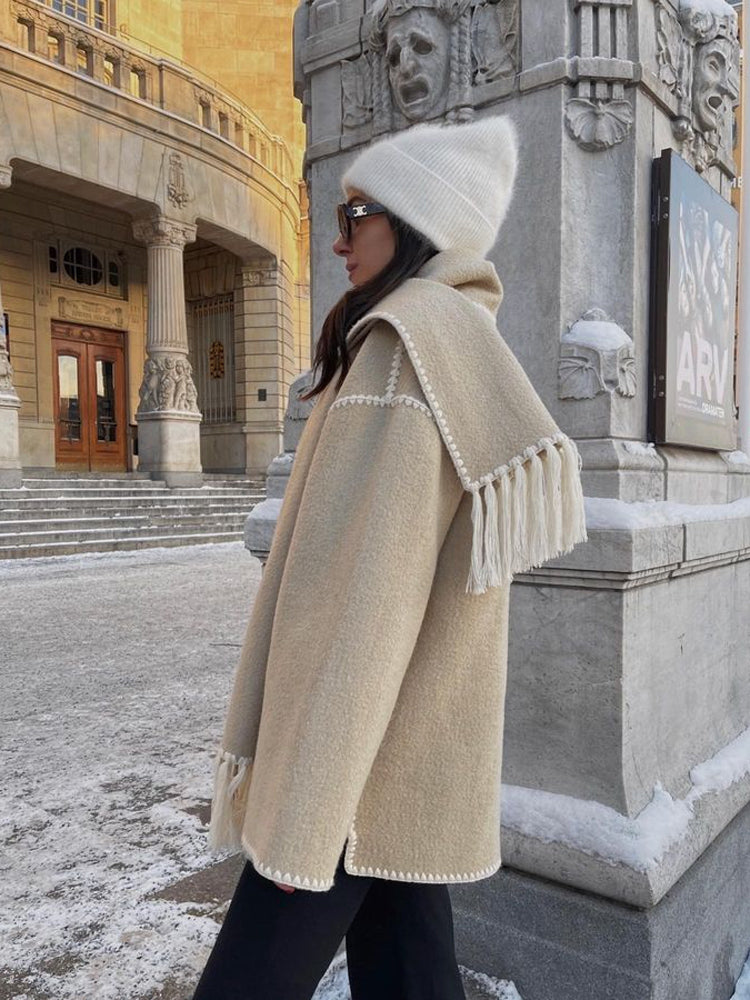 Ladies' Winter Coat with Scarf - Celeste-Beige-S-Nora Luxe