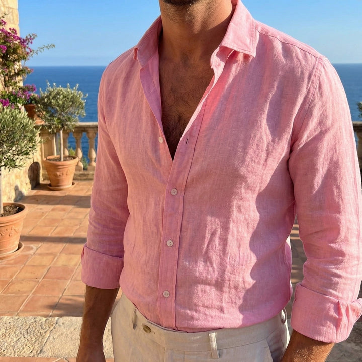 Pink linen shirt detail at the collar