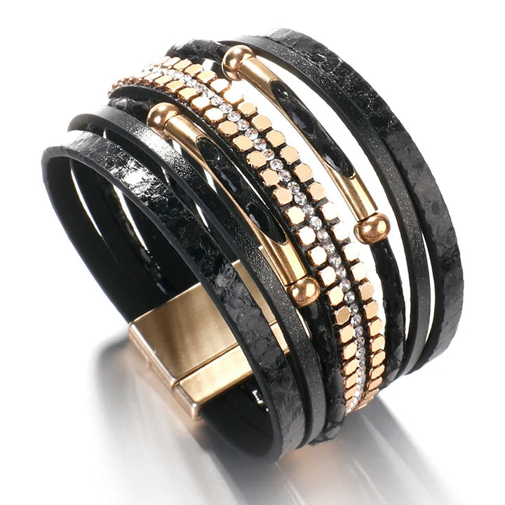 Layered Elegant Bracelet | Snake Leather Jewellery-Black-Nora Luxe