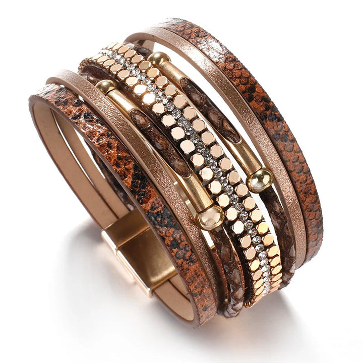 Layered Elegant Bracelet | Snake Leather Jewellery-Brown-Nora Luxe
