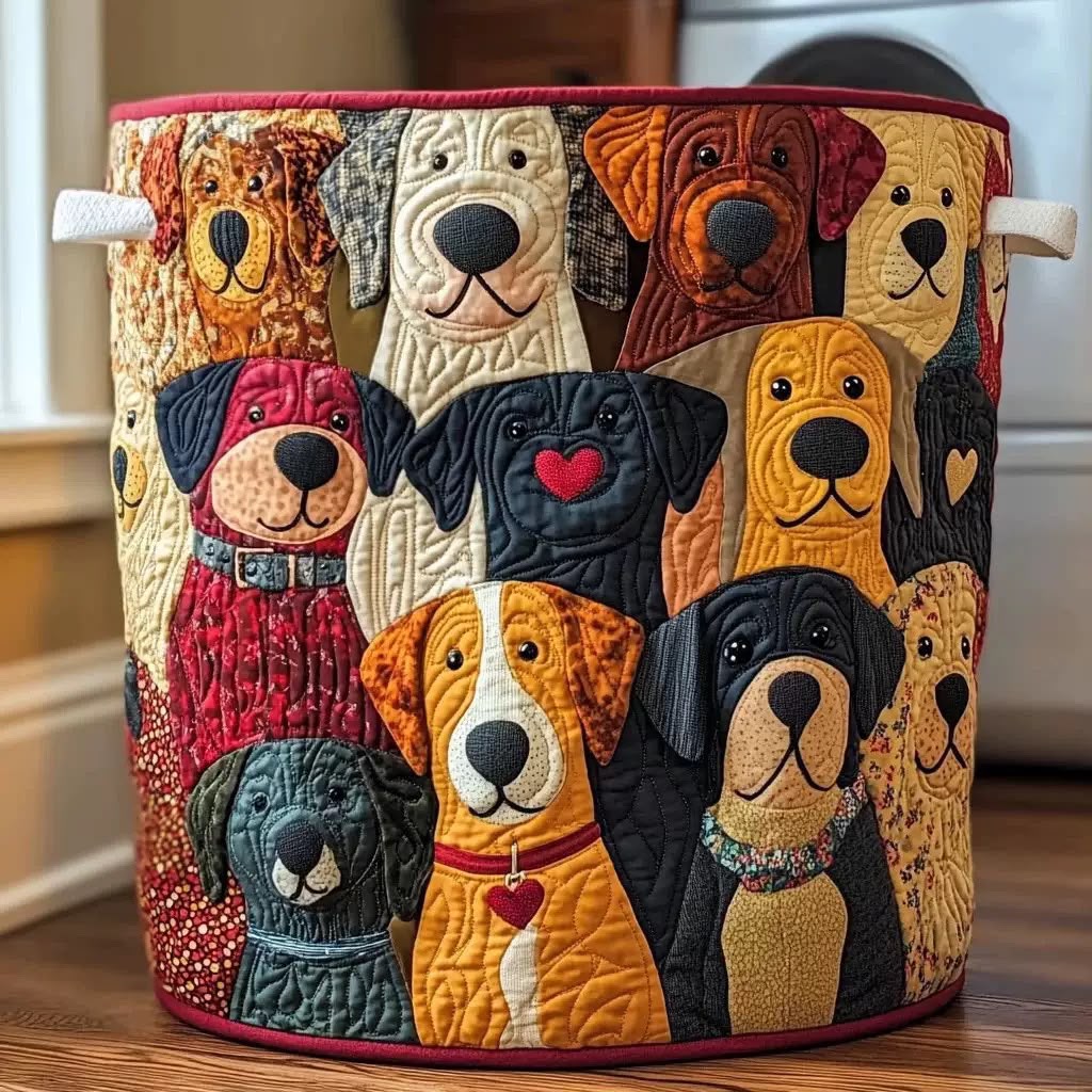 Round quilted hamper covered in appliqué dogs of many colors, with cream handles and a red trim, standing on a wood floor. 1