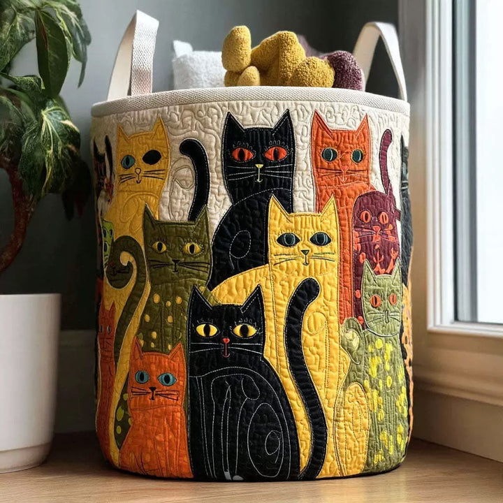 Quilted cat folk art laundry basket in beige, black, brown, green, multicolor, orange, purple, red, white, and yellow.