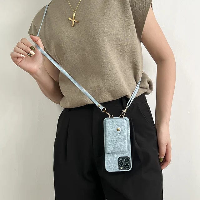 Leather Crossbody Phone Case - Urban Chic-Light Blue-iPhone 12-Nora Luxe