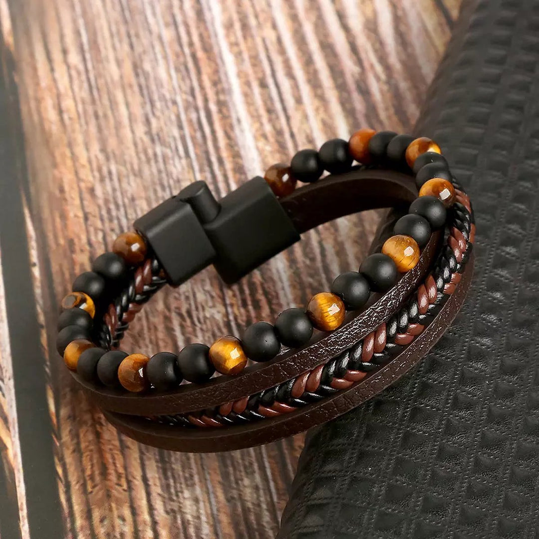 Leather Men's Bracelet Set - Armand-Brown-M (7.48 inches)-Nora Luxe