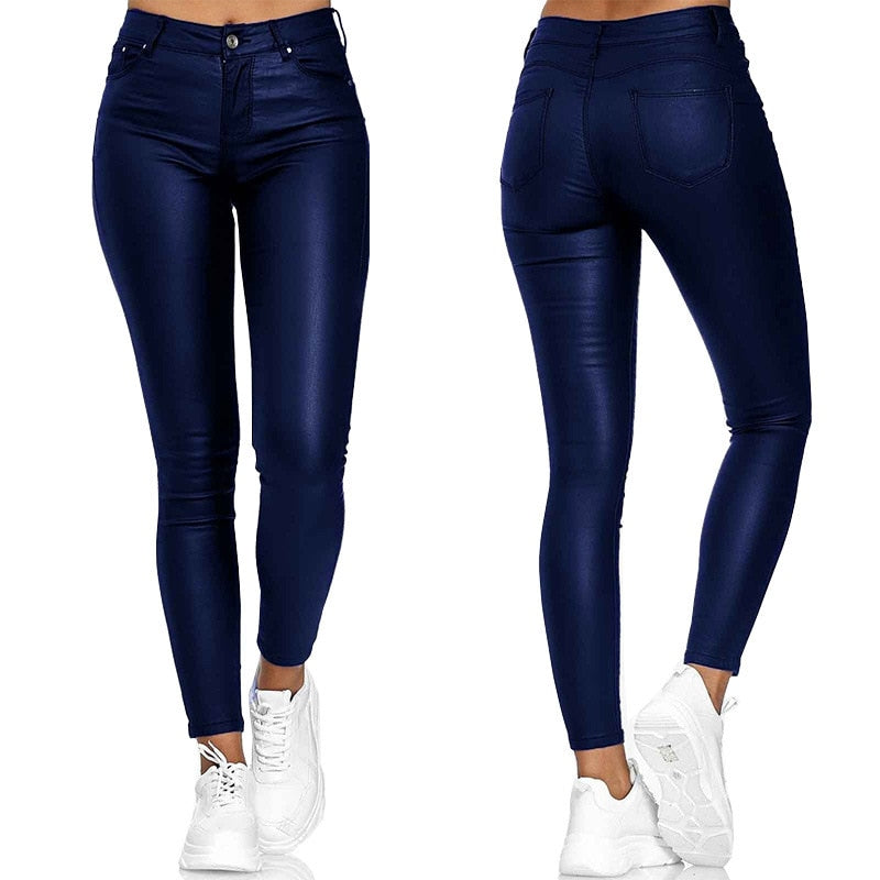 Leather stretch trousers with a high waist - Raffaela-Blue-S-Nora Luxe