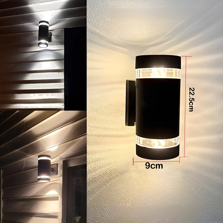 LED Outdoor Wall Light detail of the shorter black version with clear bands at each end and a size diagram.