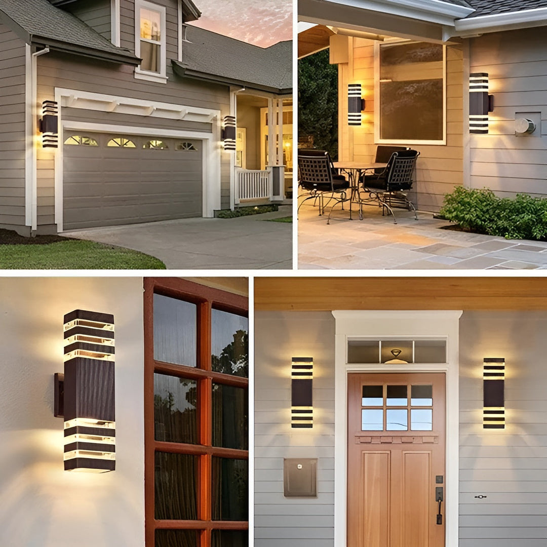 LED Outdoor Wall Light in black and transparent in a four-view collage mounted outdoors.
