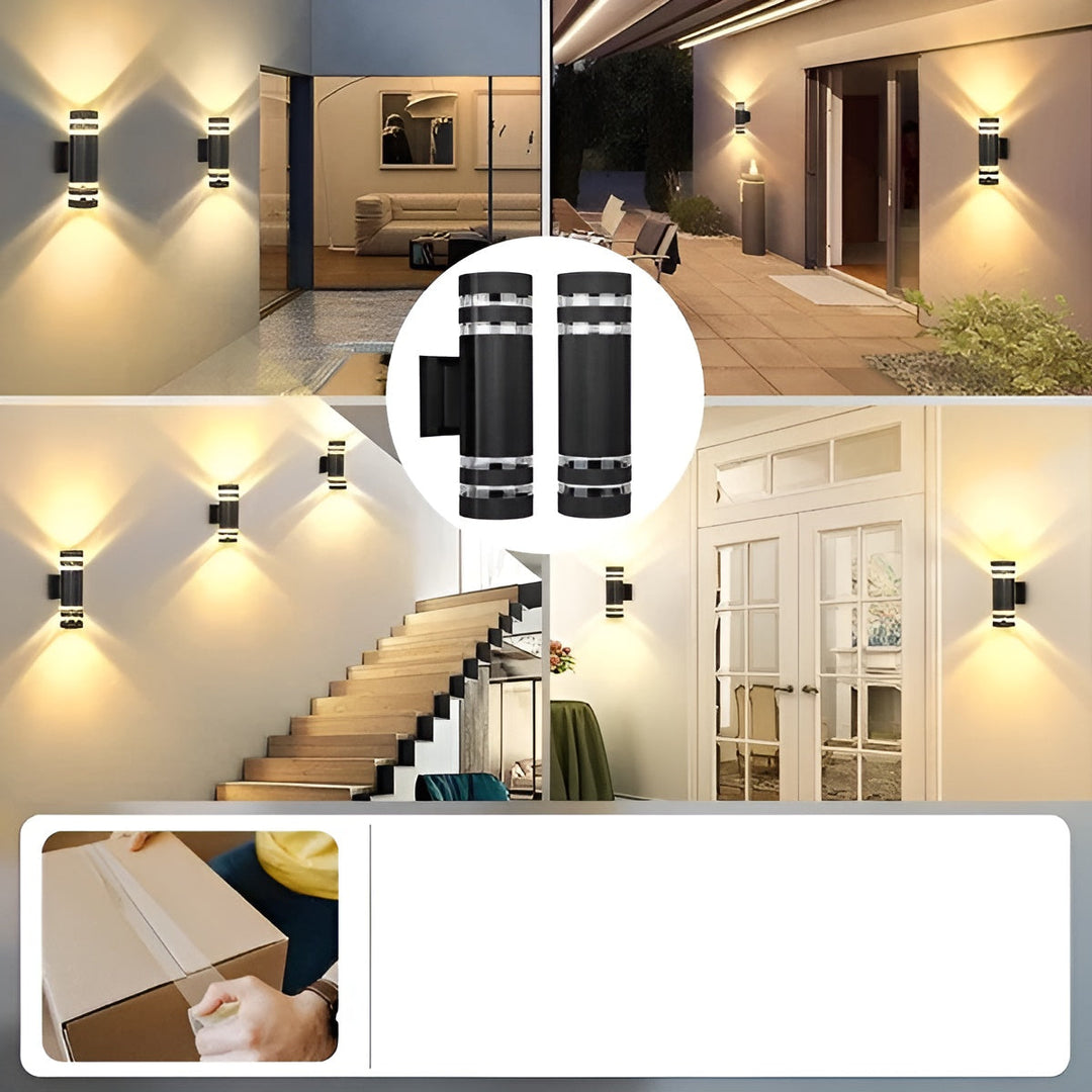 LED Outdoor Wall Light in black in a collage of another view with the light glowing up and down.