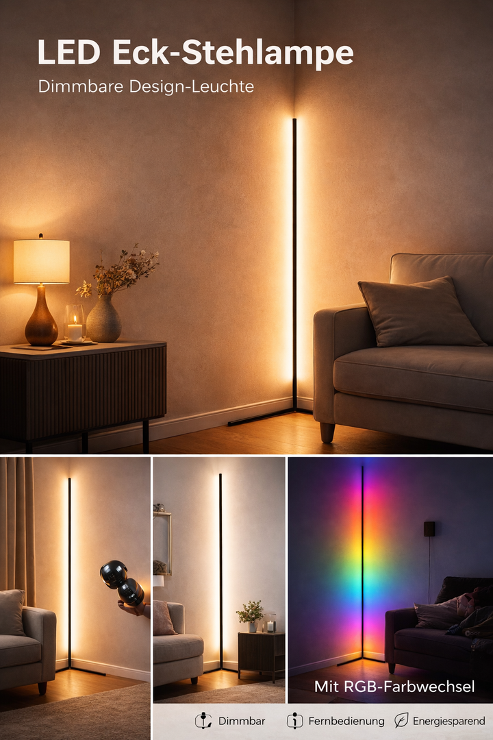 Corner lamp shown with warm white light and rainbow mode, with a hand holding a remote and feature icons.