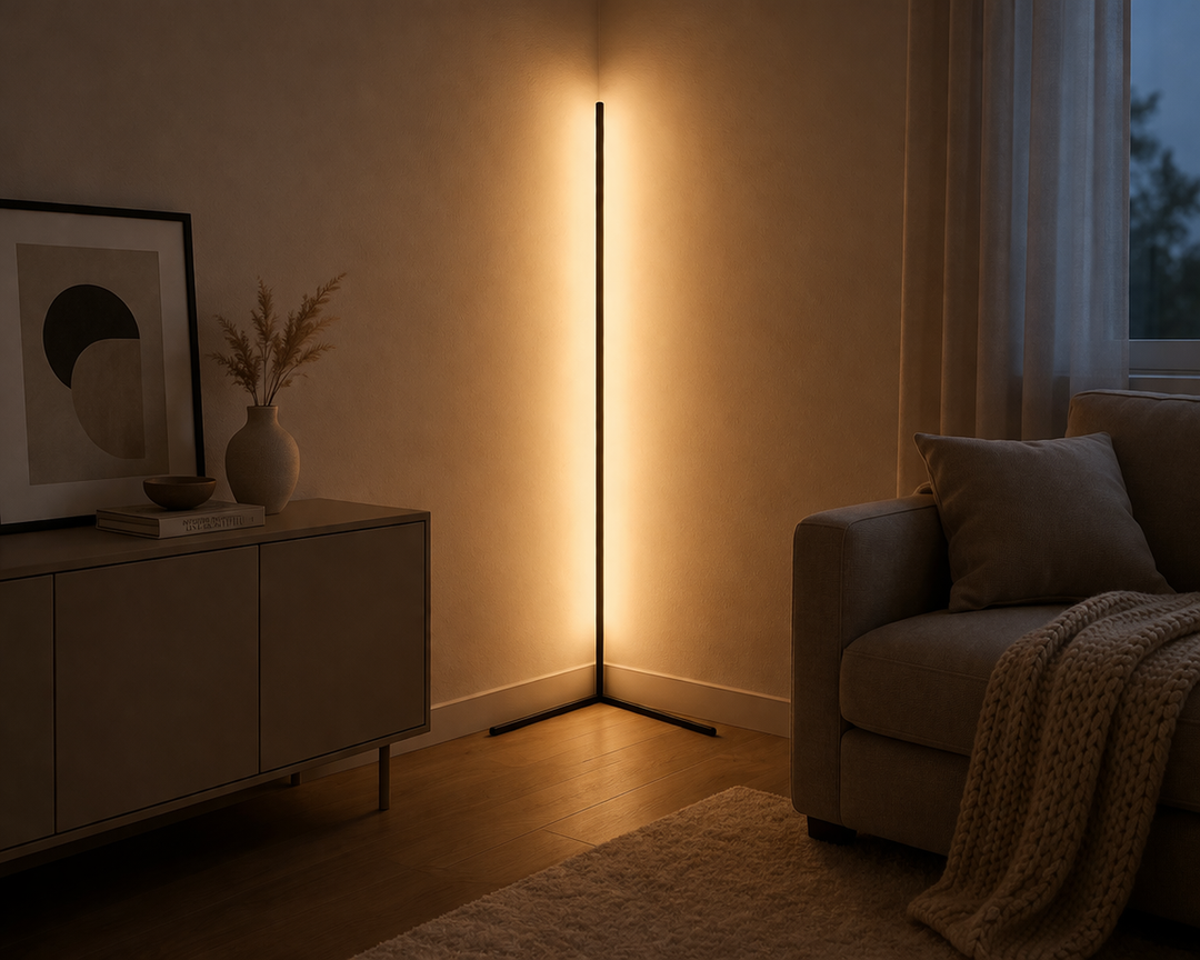 Corner lamp giving soft warm white light in a calm evening living room.