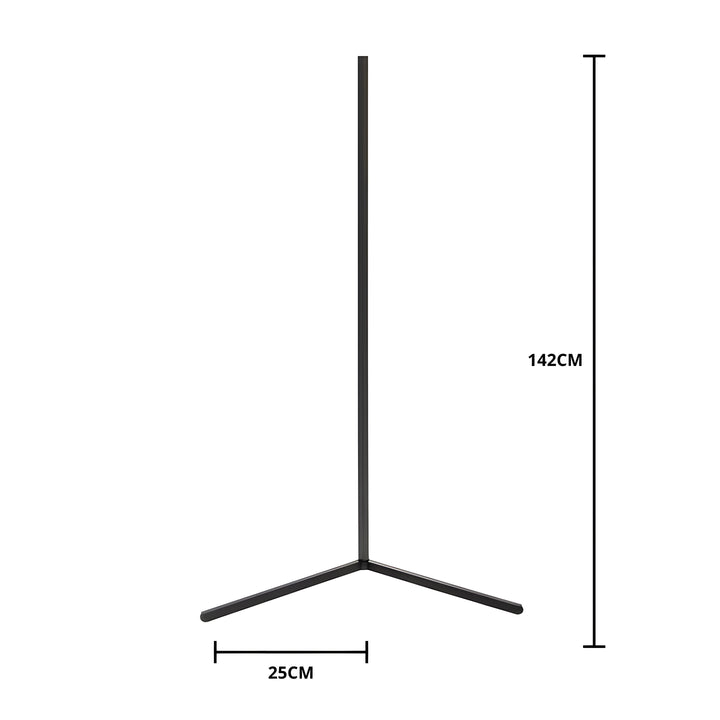 Black corner floor lamp on a white background with dimension lines showing overall height and one base arm.