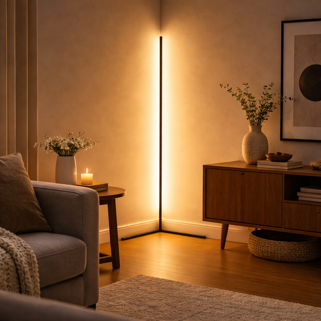 Black corner floor lamp casting warm amber light up both walls in a living room.