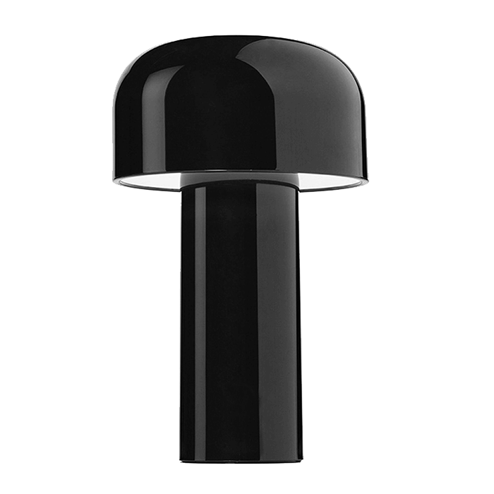 Glossy black mushroom lamp with a domed shade, shown unlit against a plain white background 26