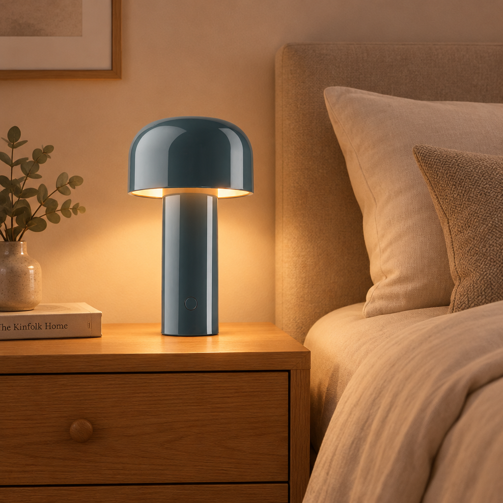 Glossy slate-blue mushroom lamp glowing warmly on a wooden nightstand beside a bed and a eucalyptus vase 1