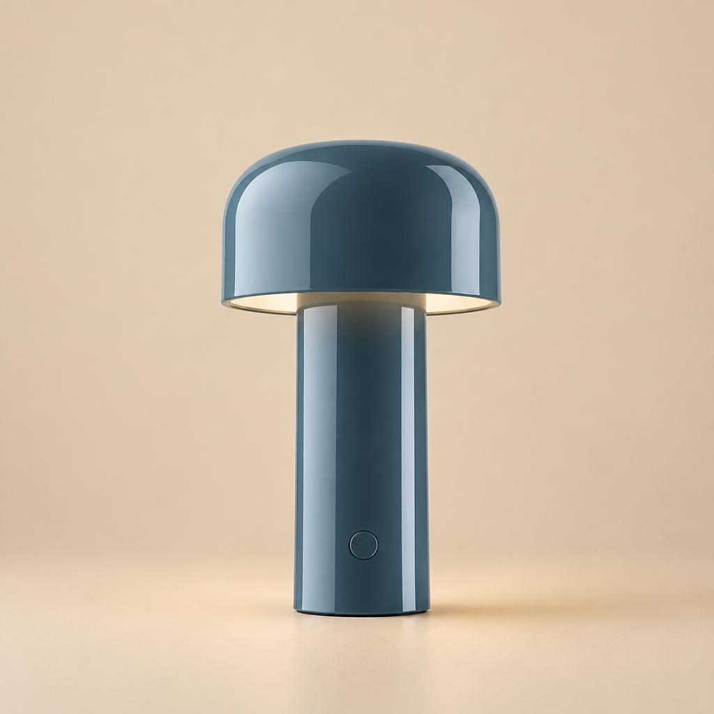 Glossy blue-gray lamp lit on a beige background, showing the round button on the stem 30