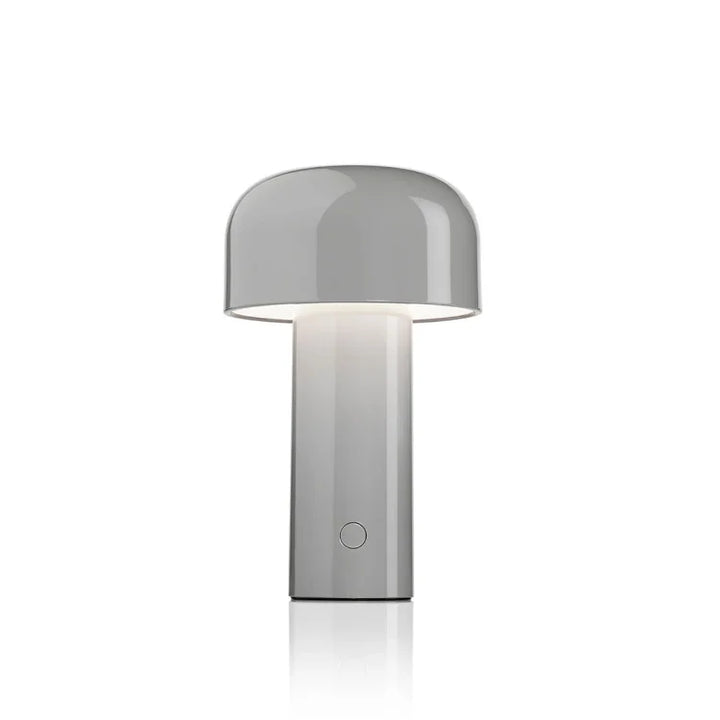 Glossy gray mushroom lamp glowing softly under its shade, front view on a white background 6