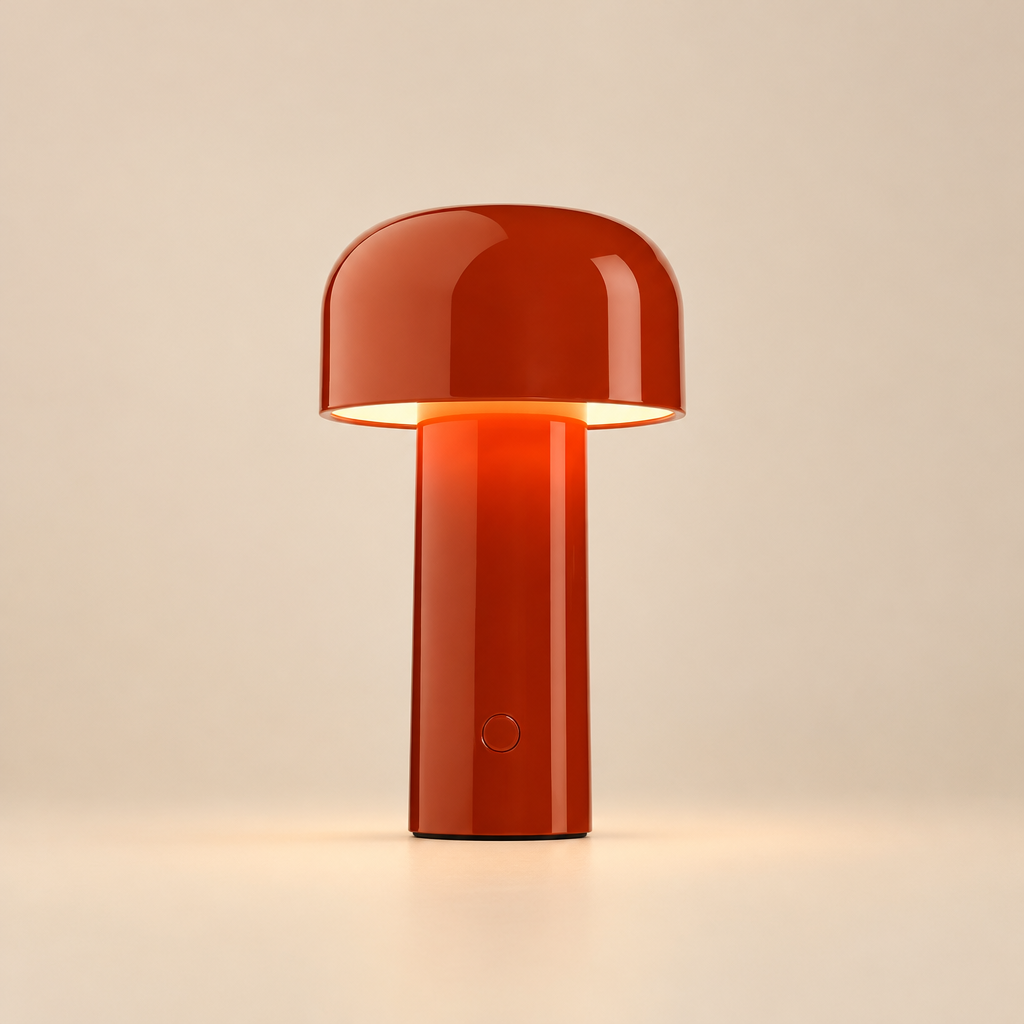 Glossy red lamp glowing on a beige background, with a round button on the stem 29