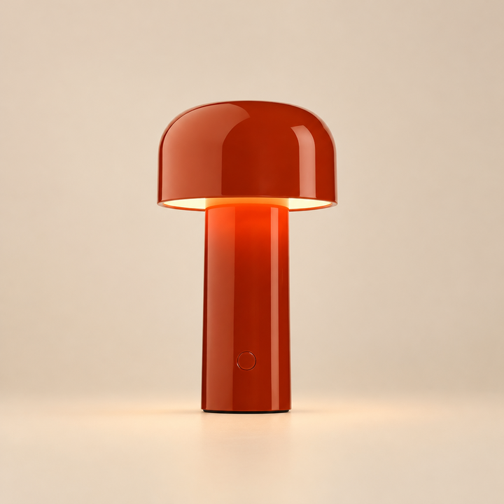 Glossy red lamp glowing on a beige background, with a round button on the stem 29