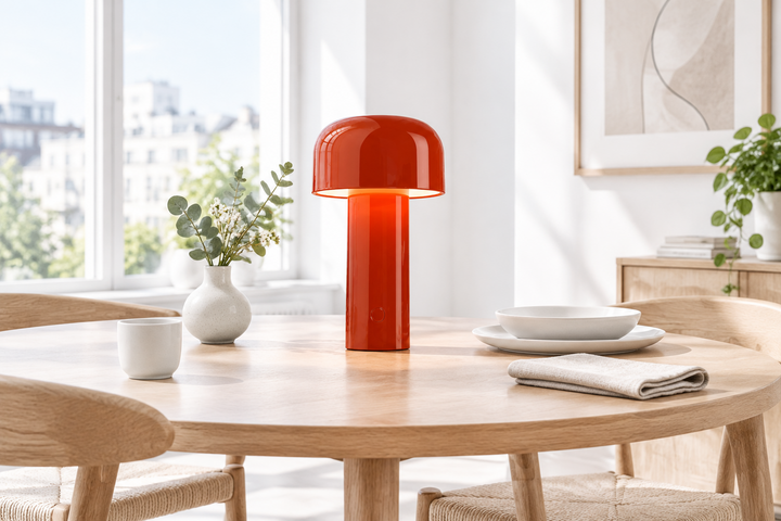 Glowing red mushroom lamp on a round wooden dining table beside a white vase and dishes 1